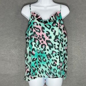 Adrienne Top Womens Sz L Pink Green Leopard Cami Ruffle Trim Sleeveless‎ Blouse